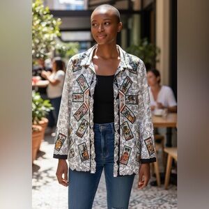 VINTAGE 70s TRISSI Ancient Game of Tarot Card Italian‎ Pearl Button Shirt L